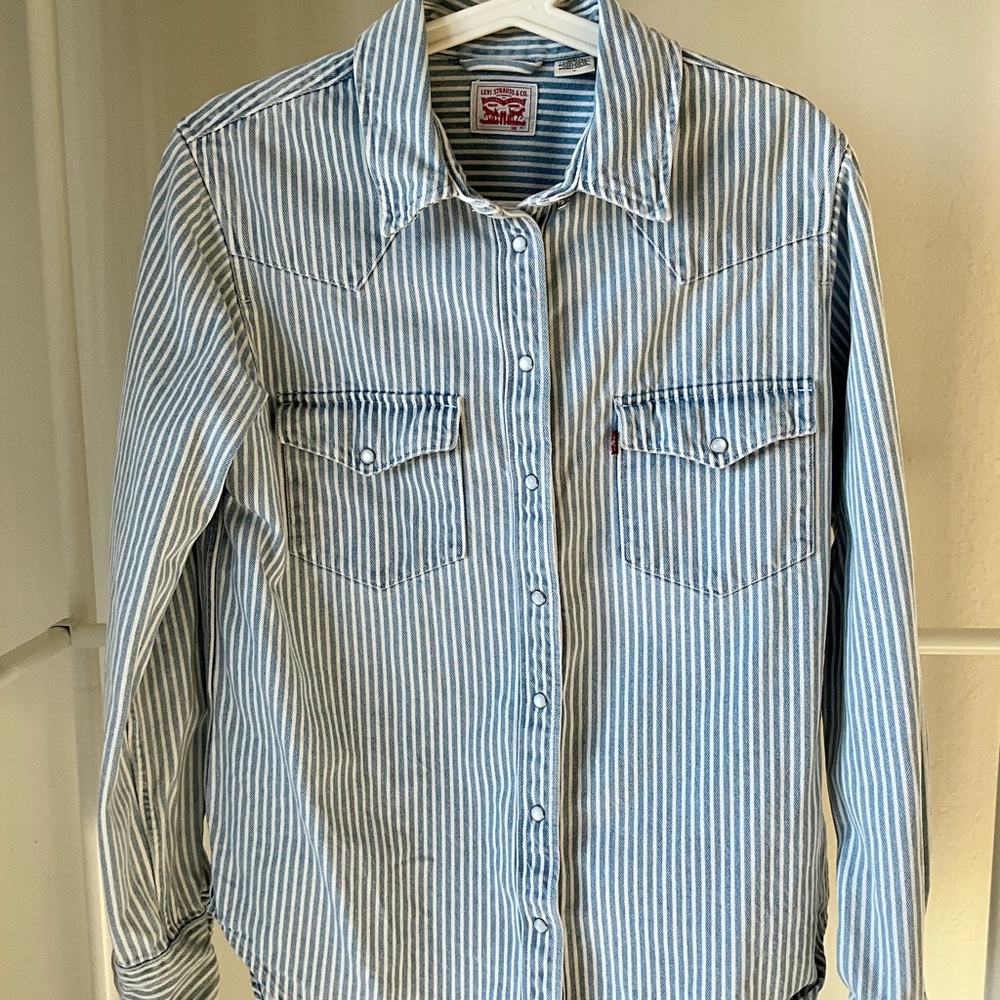 Levi's Light Blue and White Striped Button Down Denim Overshirt